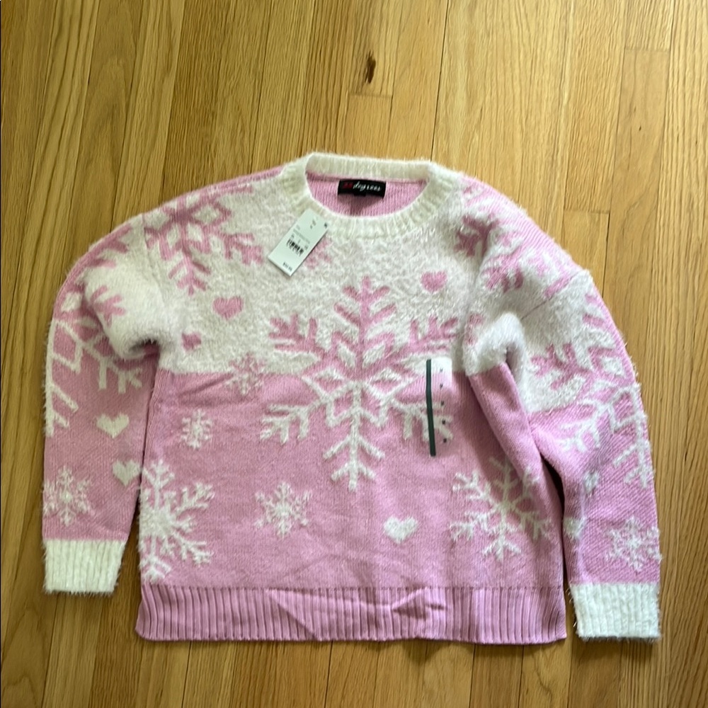 Pink and White Crew Neck Sweater with Snowflake Design
